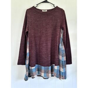 Eloges Women Plum Marled Knit Plaid Mixed Media Swing Tunic Top Small EKD1020